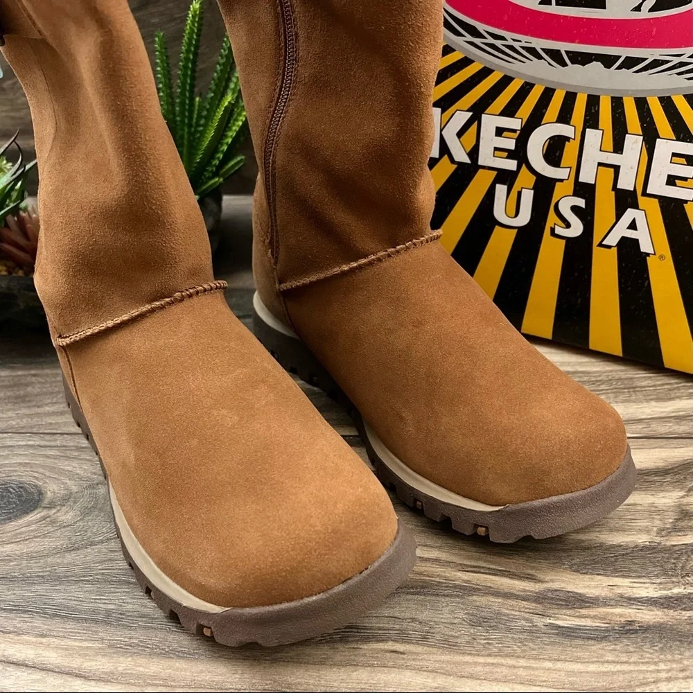 NIB Skechers Grand Jams Snowdrop Mid Calf Winter Boots Chestnut Suede - Picture 3 of 12